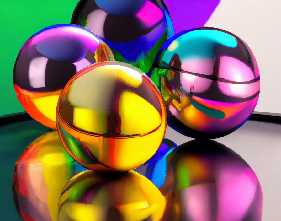 Multicolored reflective spheres on glossy surface with green and purple backdrop