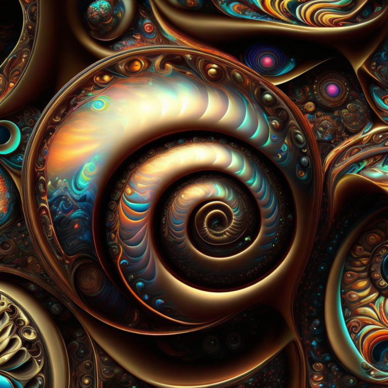 Detailed Fractal Image: Swirling Metallic Patterns in Bronze, Blue, and Gold