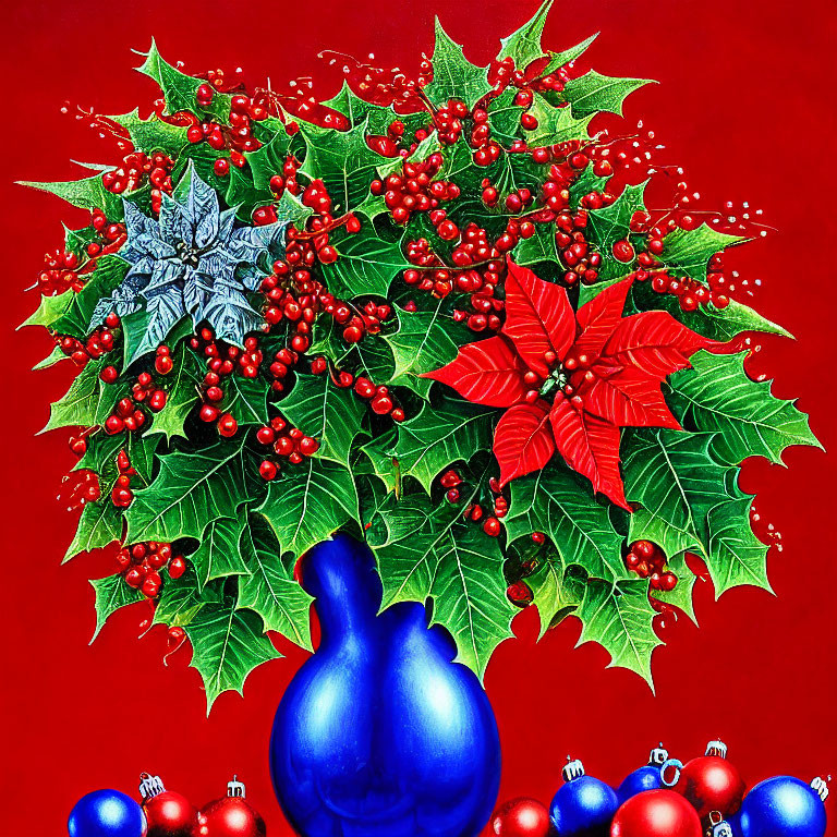 Colorful Christmas illustration with blue ornament, red baubles, holly berries, and green leaves