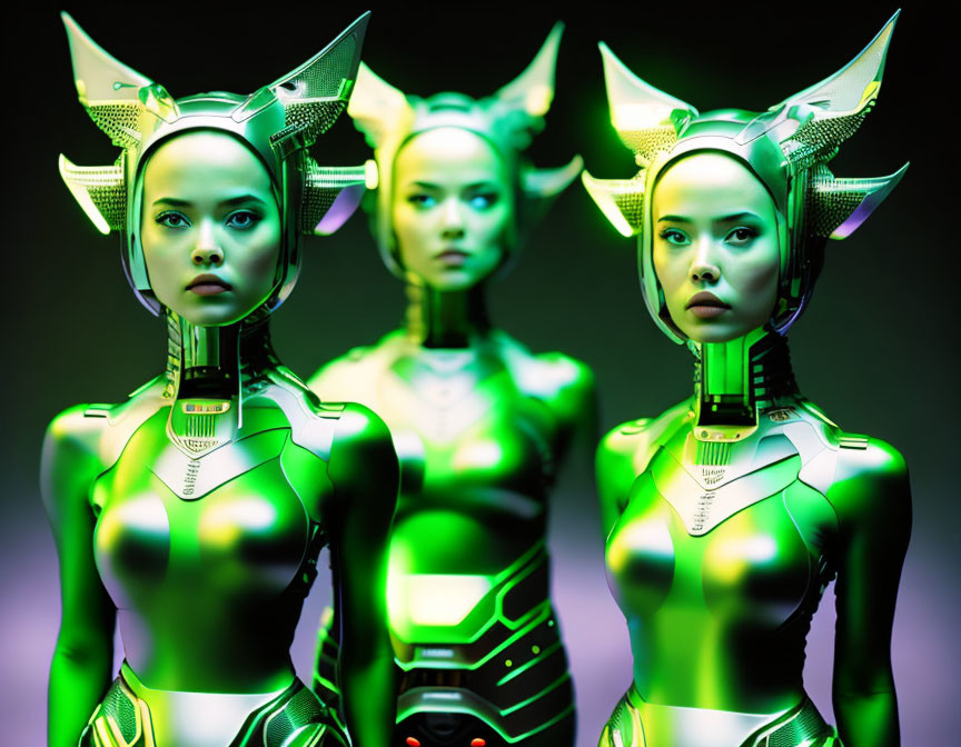 Futuristic female androids in green suits with elaborate headgear