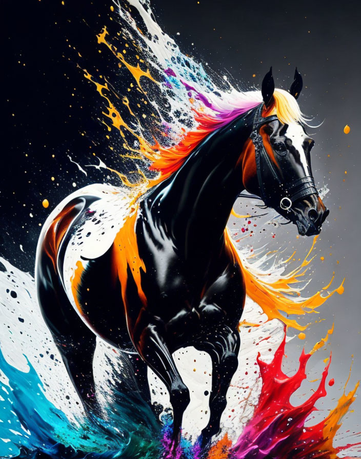 Black Horse with Colorful Paint Background: Motion and Vitality