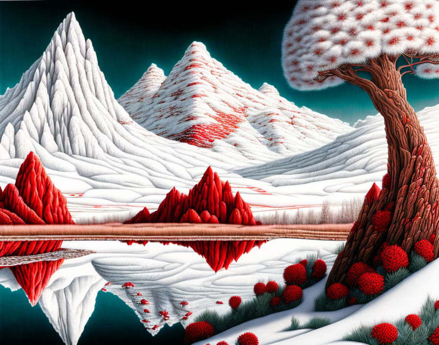 Digital Art: Snowy Mountains, Red Peaks, Surreal Tree, Calm Lake