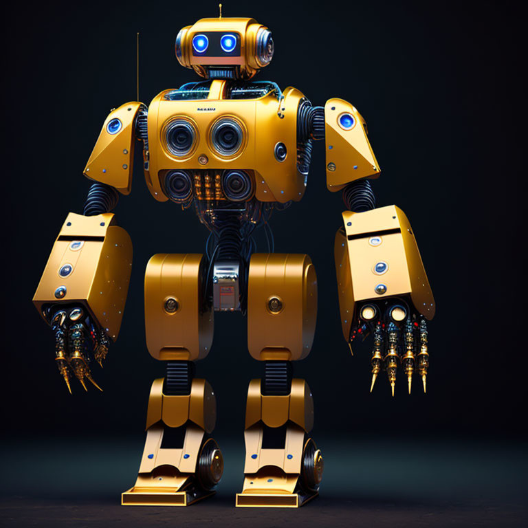 Futuristic yellow robot with blue eye and multiple arms on dark background