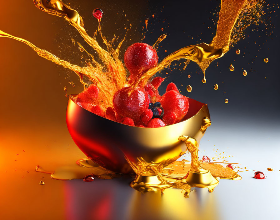 Vibrant red berries in a golden liquid splash on two-tone bowl against orange-red backdrop