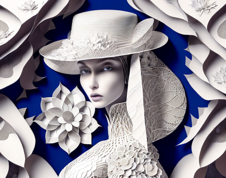 Striking Woman in White Hat Among Paper Flowers on Blue Background