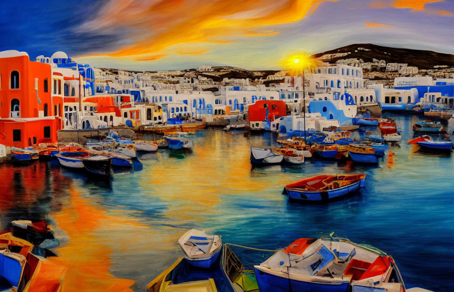 Colorful Coastal Town Sunset Painting with Buildings and Boats