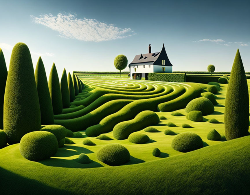 Surreal landscape with green hills, hedges, and lone house
