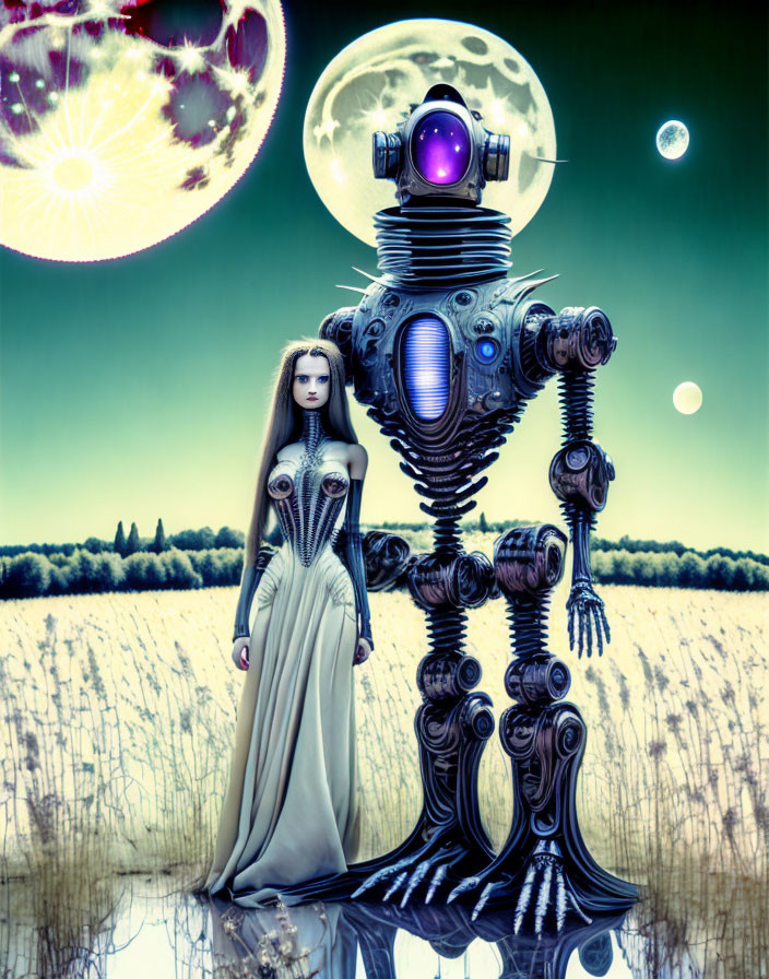 Surreal artwork of woman and robot in fantasy landscape
