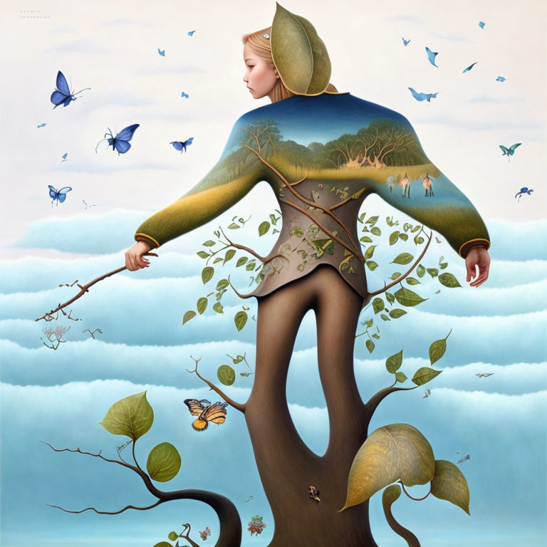 Woman fused with tree, surrounded by butterflies on soft sky background