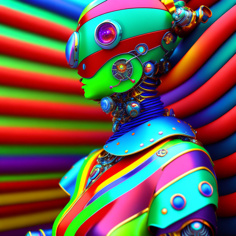 Colorful Robotic Figure with Futuristic Goggles in Rainbow Pipe Setting