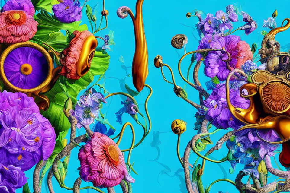Colorful Flowers and Gold Elements on Blue Background