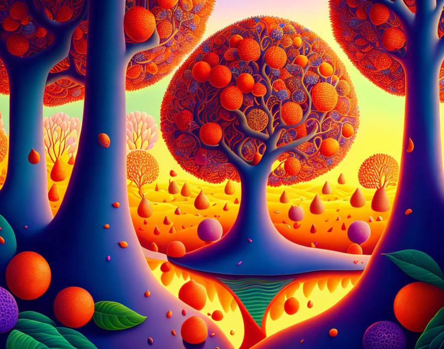 Colorful surreal forest with fruit-like trees under warm sky