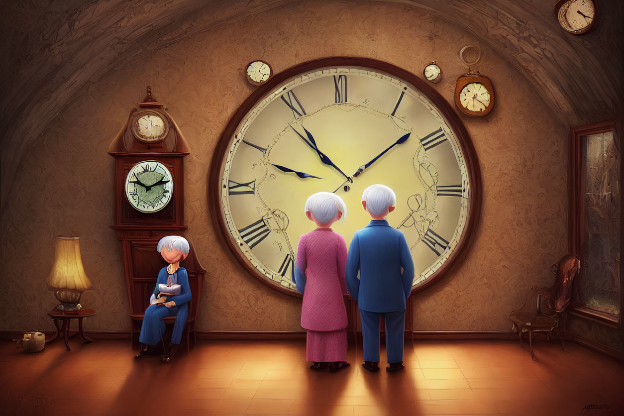 Elderly people surrounded by clocks in reflective room