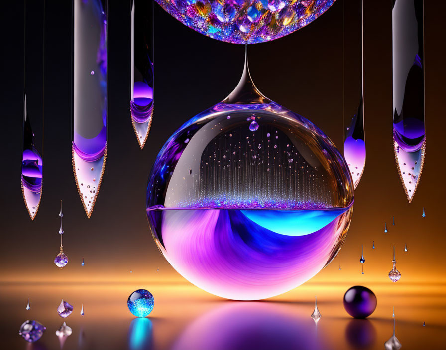 Colorful orbs and droplets in abstract digital art against warm backdrop
