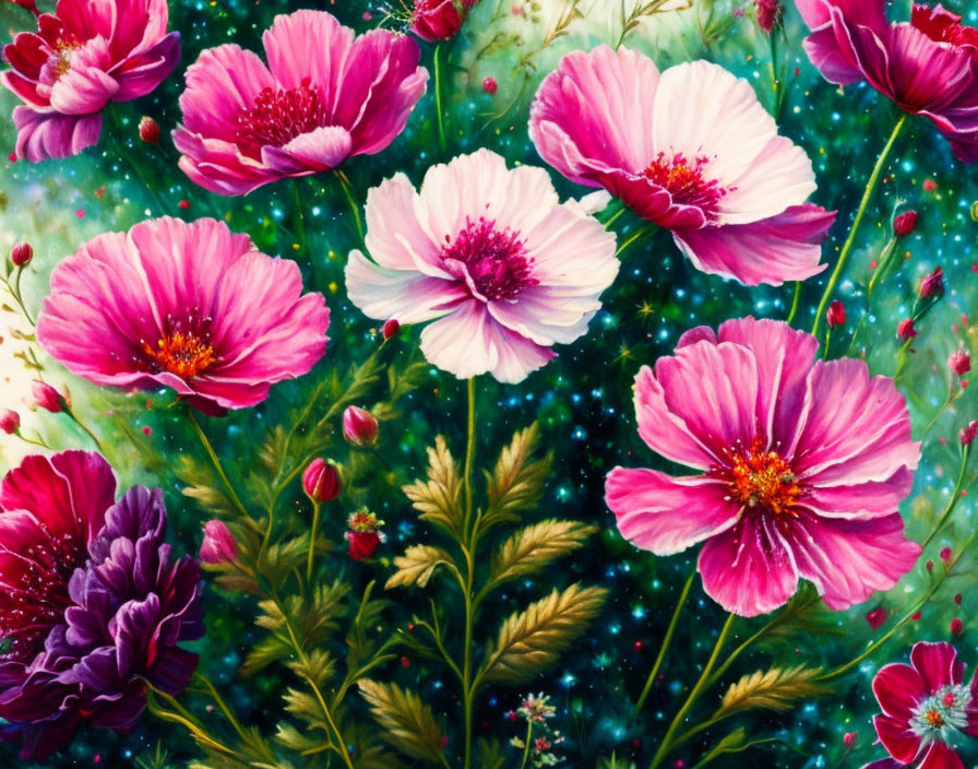 Colorful Cosmos Flowers Painting Against Teal Starry Sky