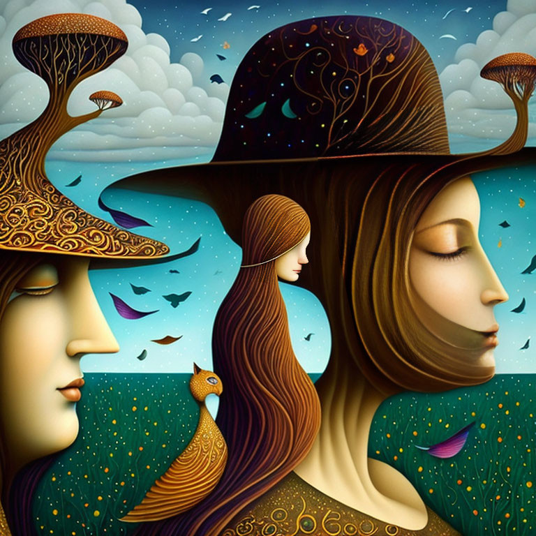 Two faces with tree-like hats, small figure, birds, starry sky in surreal artwork