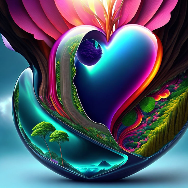 Colorful Heart-shaped Landscape with Trees and Water Features