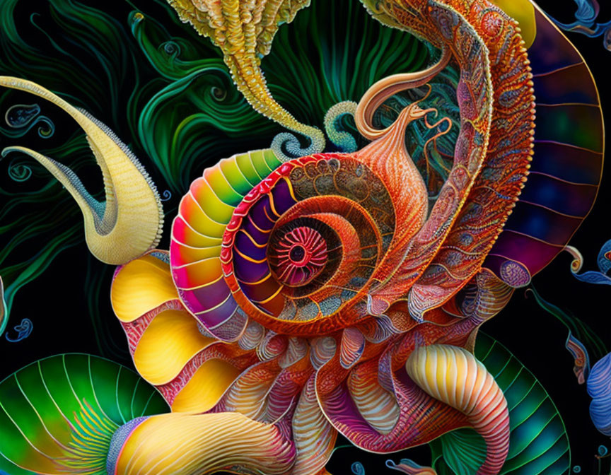 Colorful digital artwork: Multicolored nautilus shell with swirling patterns