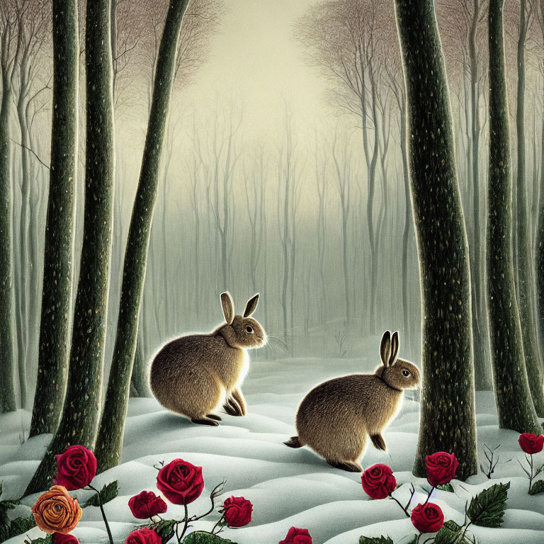 Two rabbits in snowy forest with red roses