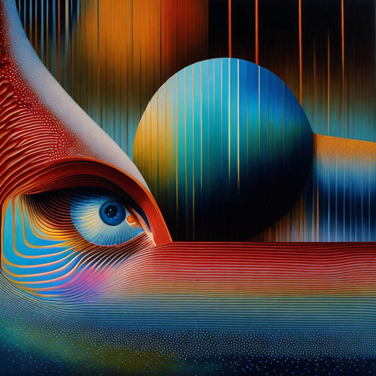 Detailed surreal artwork: human eye in colorful, wavy landscape