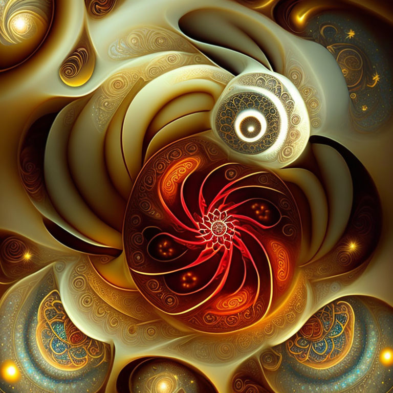 Abstract swirling patterns in gold, brown, and red with sparkling star-like textures