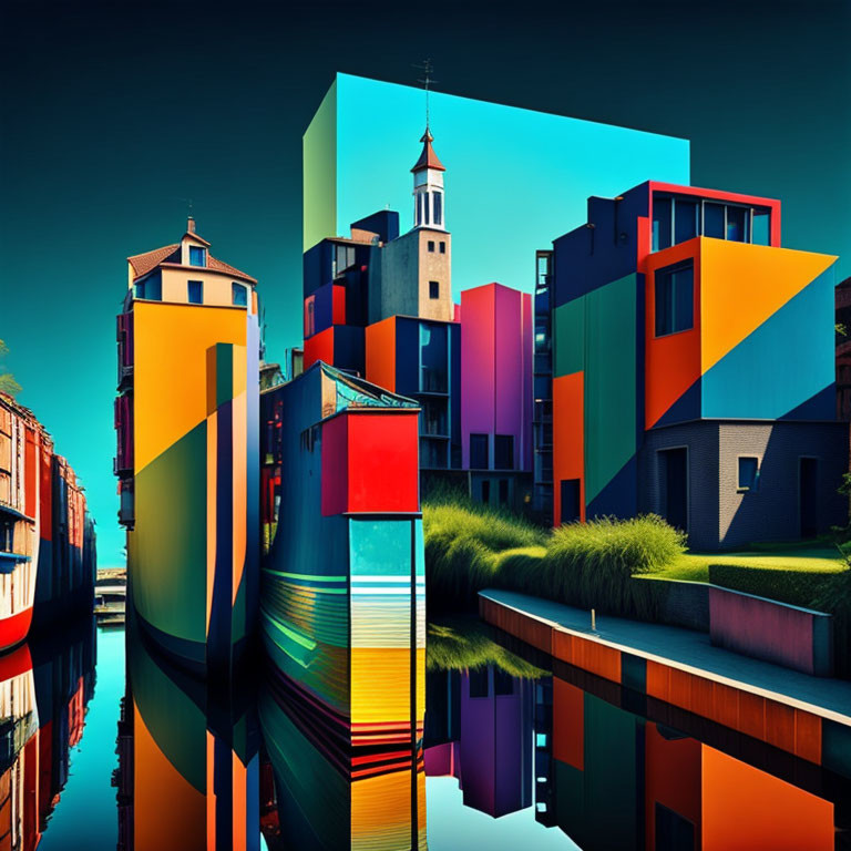 Colorful geometric buildings reflecting in calm canal under bright blue sky