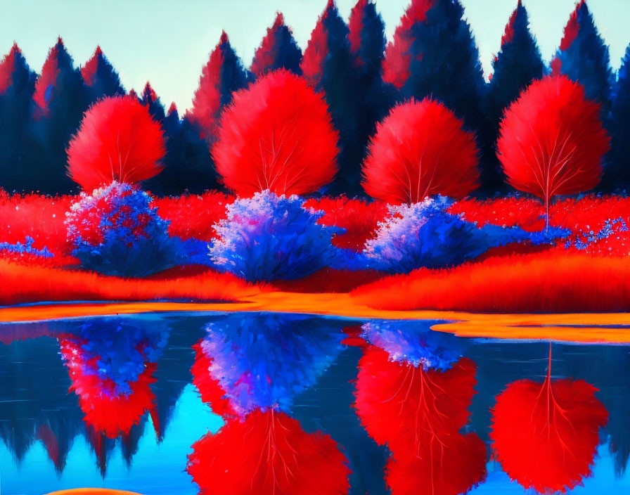 Colorful landscape painting with blue water, red and blue foliage, and rich blue background