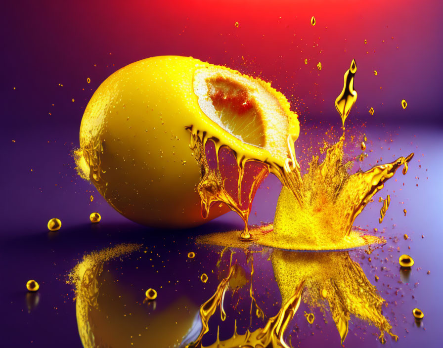 Sliced mango with splashing juice on reflective surface