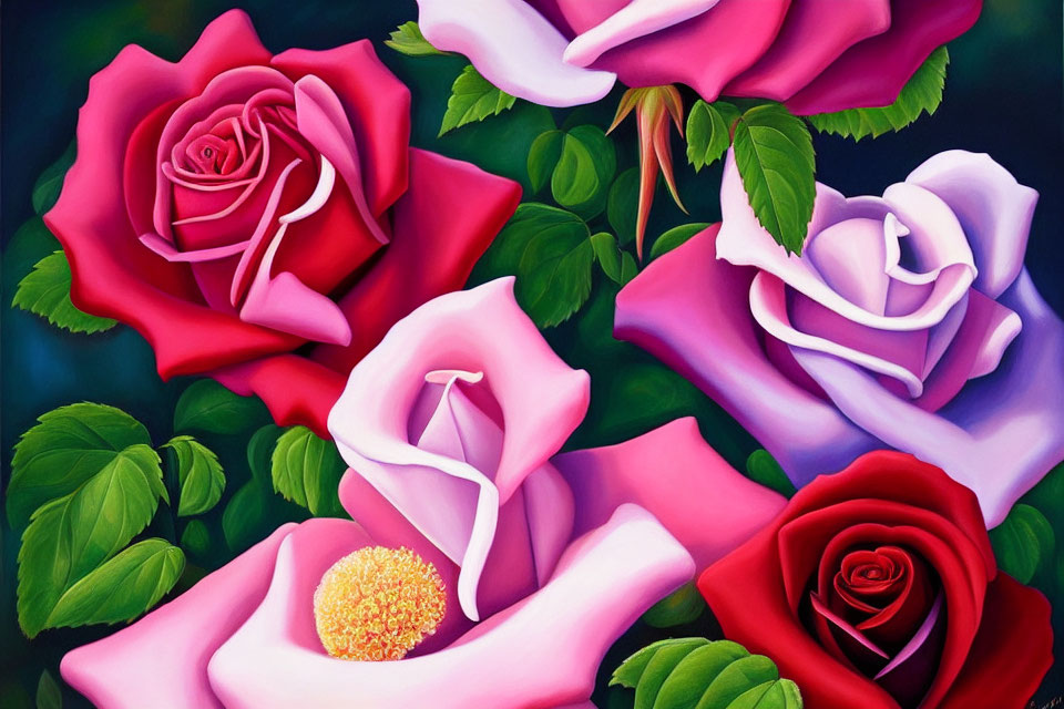 Colorful Rose Painting with Pink, Red, and Purple Shades