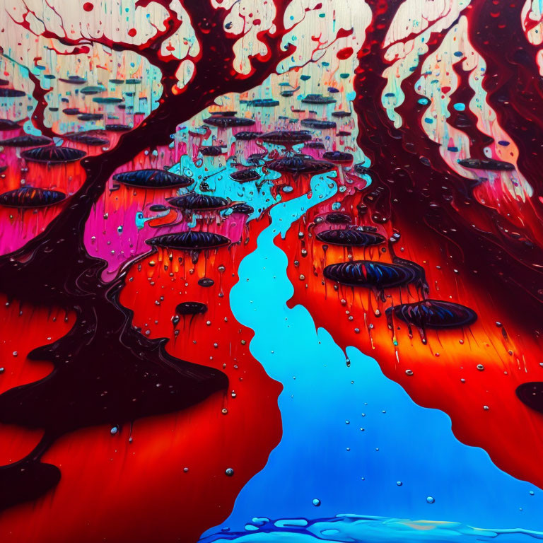 Vibrant Abstract Art: Red, Blue & Purple Flowing Paint with Droplets