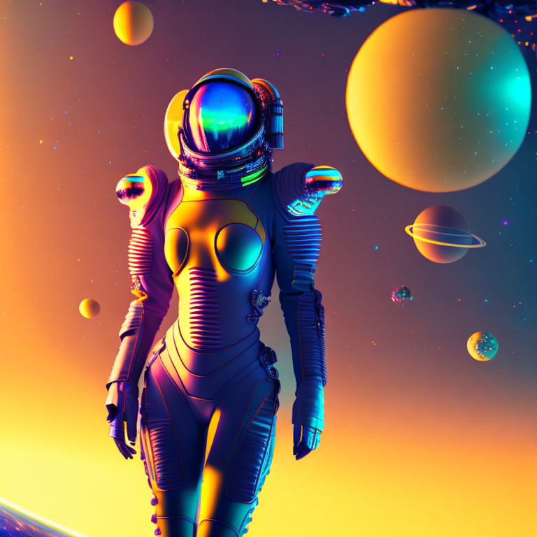 Futuristic astronauts in space with vibrant planets