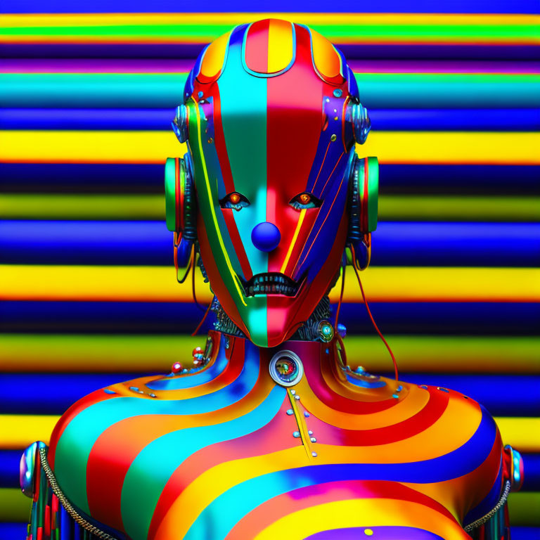 Colorful robotic head and torso on striped background with vibrant hues and mechanical details