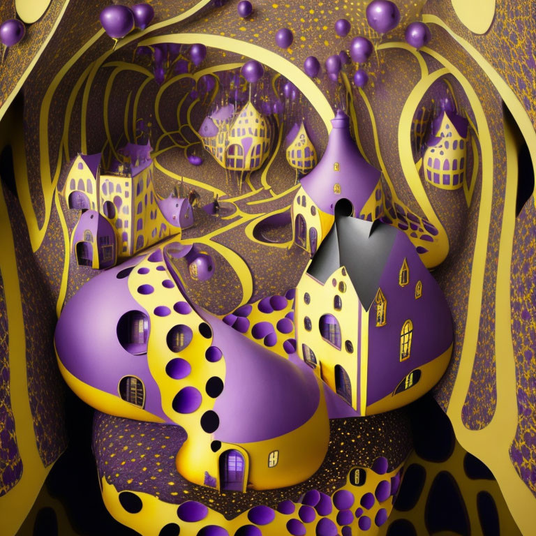 Whimsical violet and yellow fantasy landscape with swirling patterns