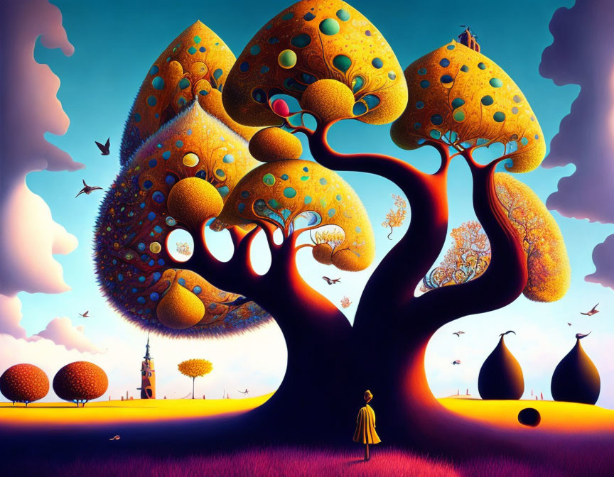Colorful surreal landscape with whimsical tree, castle, and solitary figure