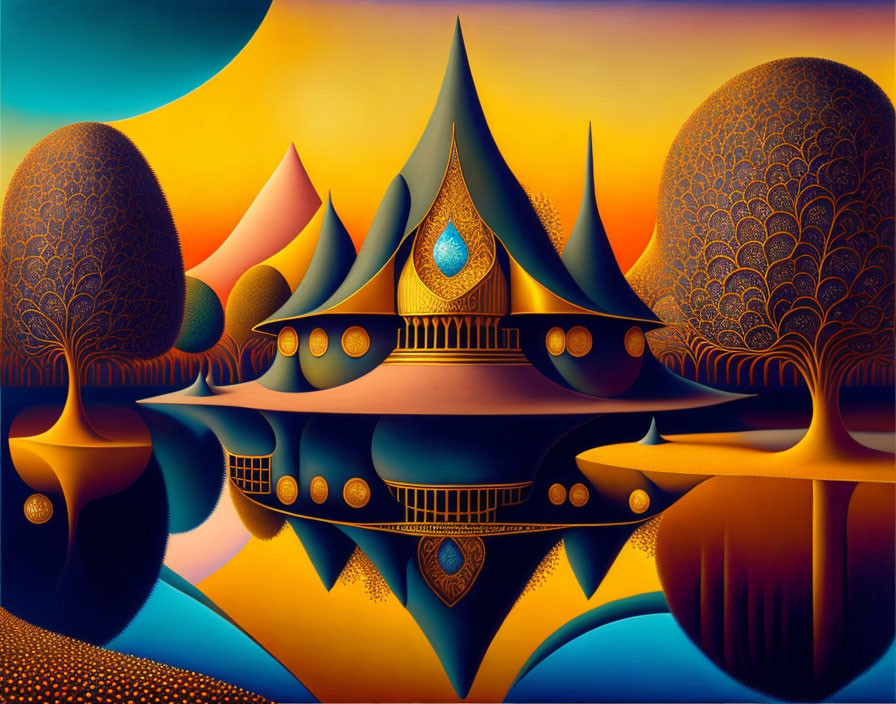 Symmetrical fantasy landscape with ornate trees and reflective water