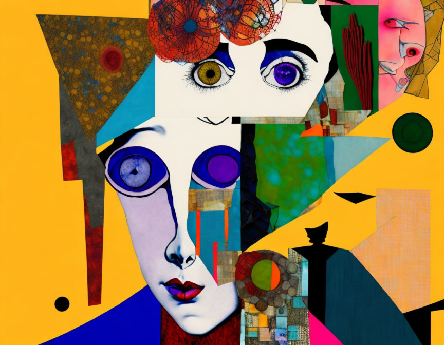 Colorful Abstract Art: Surreal Face with Cat Silhouette