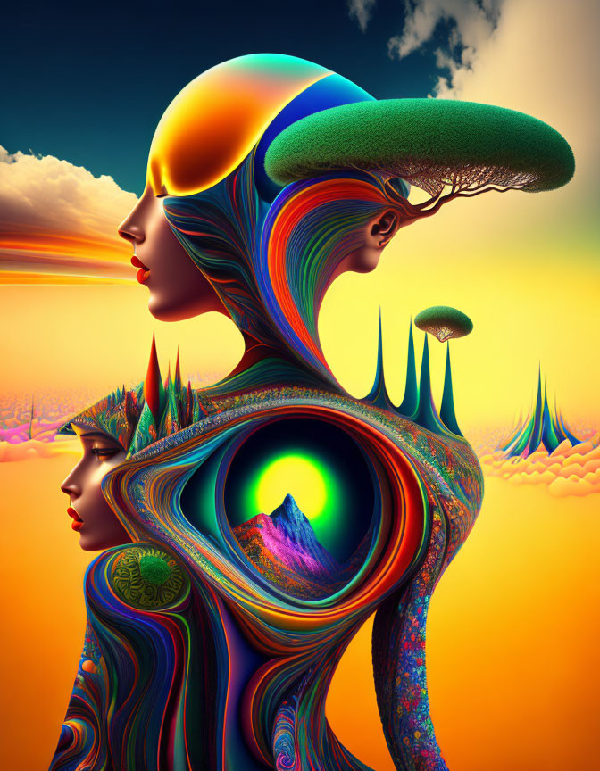 Colorful digital artwork: Layered profiles with surreal landscapes and flowing patterns