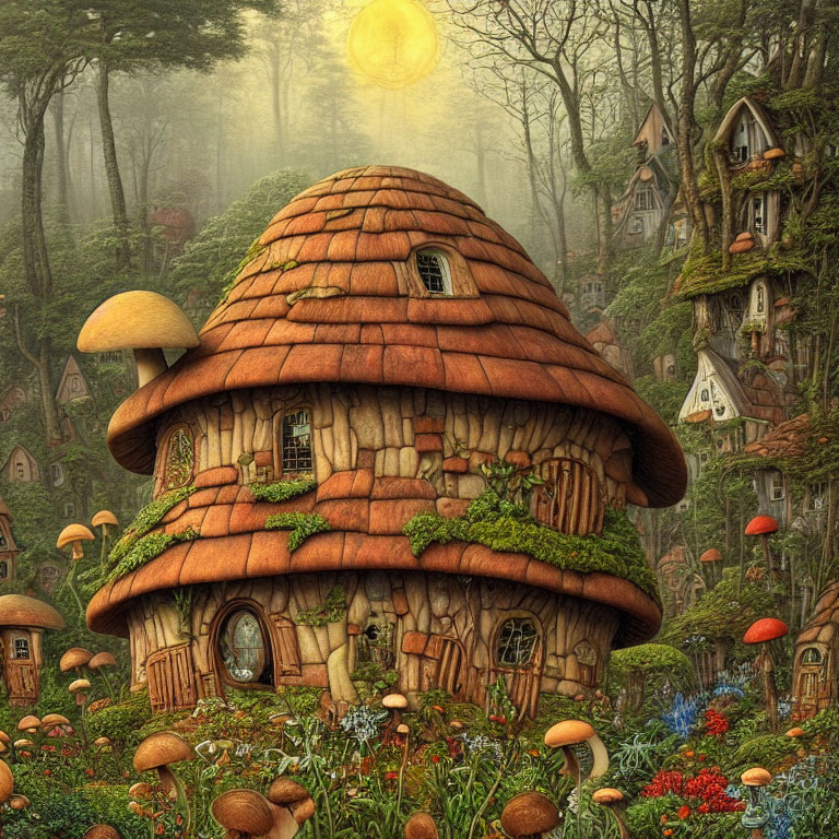Enchanting forest scene with mushroom house and tree houses