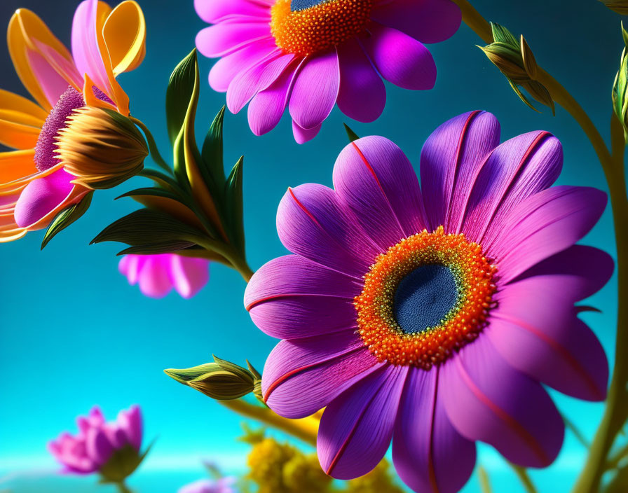 Colorful oversized daisy-like flowers in vibrant digital art