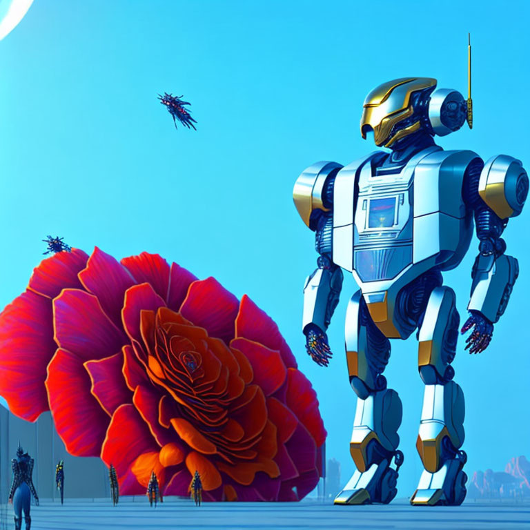 Futuristic robot with giant red rose in blue landscape