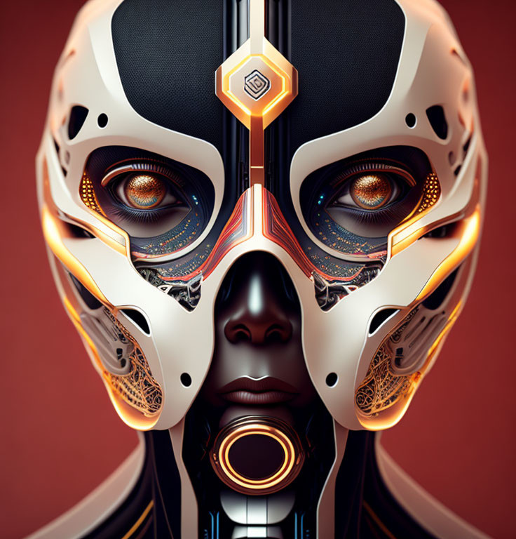 Detailed humanoid robot face with circuitry on red background
