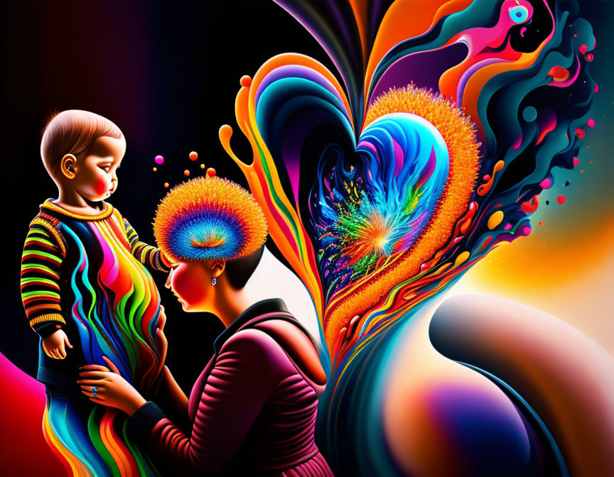 Colorful Mother and Child Illustration with Glowing Halos and Abstract Shapes