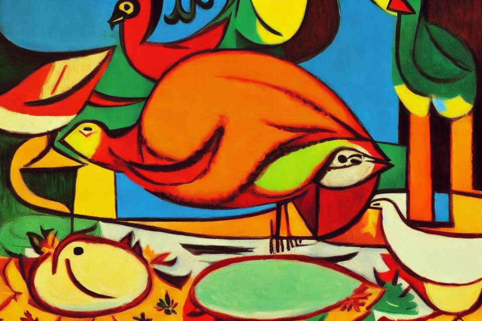 Vibrant Abstract Painting of Stylized Birds in Bold Colors