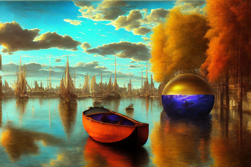 Surreal landscape with boat, orb, autumn trees, sailboats, and blue sky