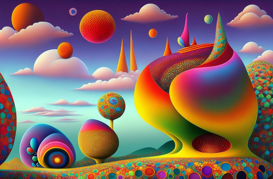 Colorful Psychedelic Landscape with Patterned Hills and Floating Orbs