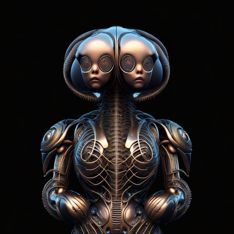 Symmetrical humanoid robot with two heads, intricate patterns, metallic finish
