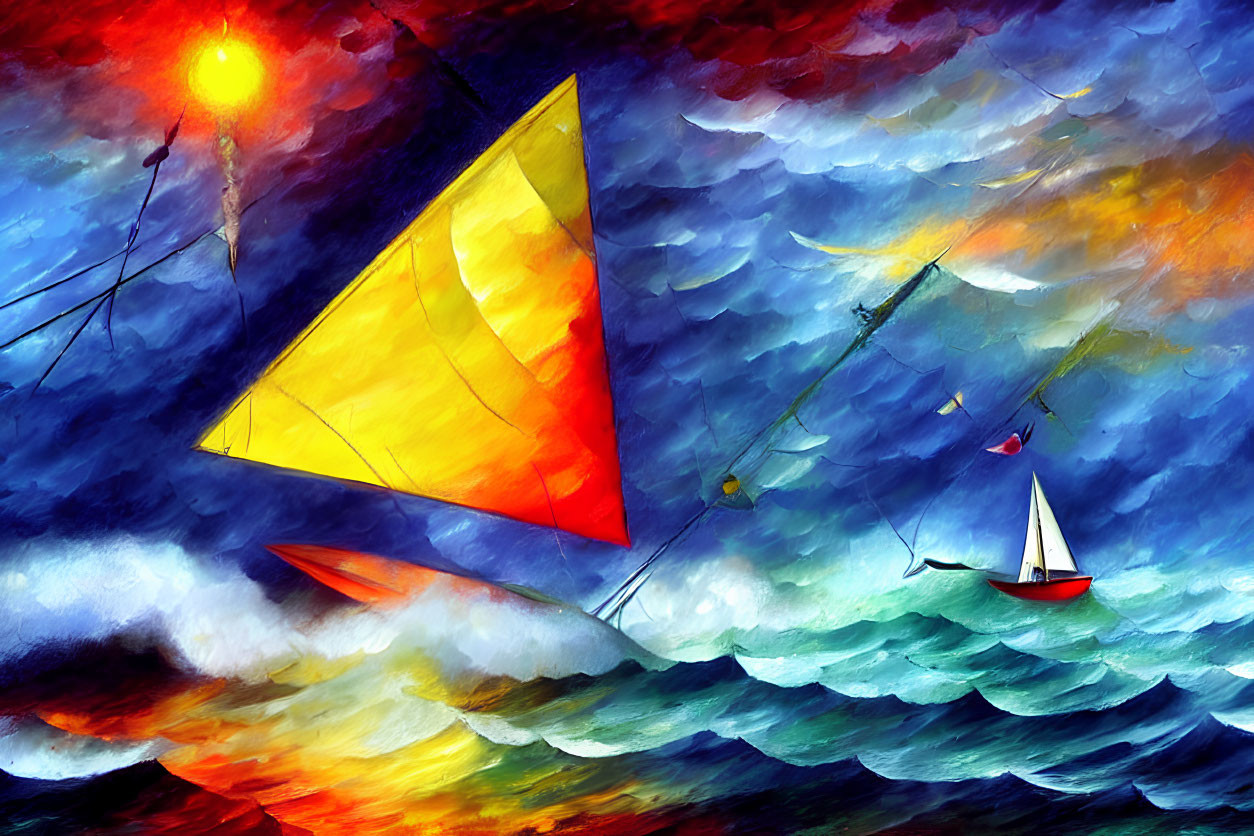 Colorful sailboat painting with dramatic sky and soaring kite