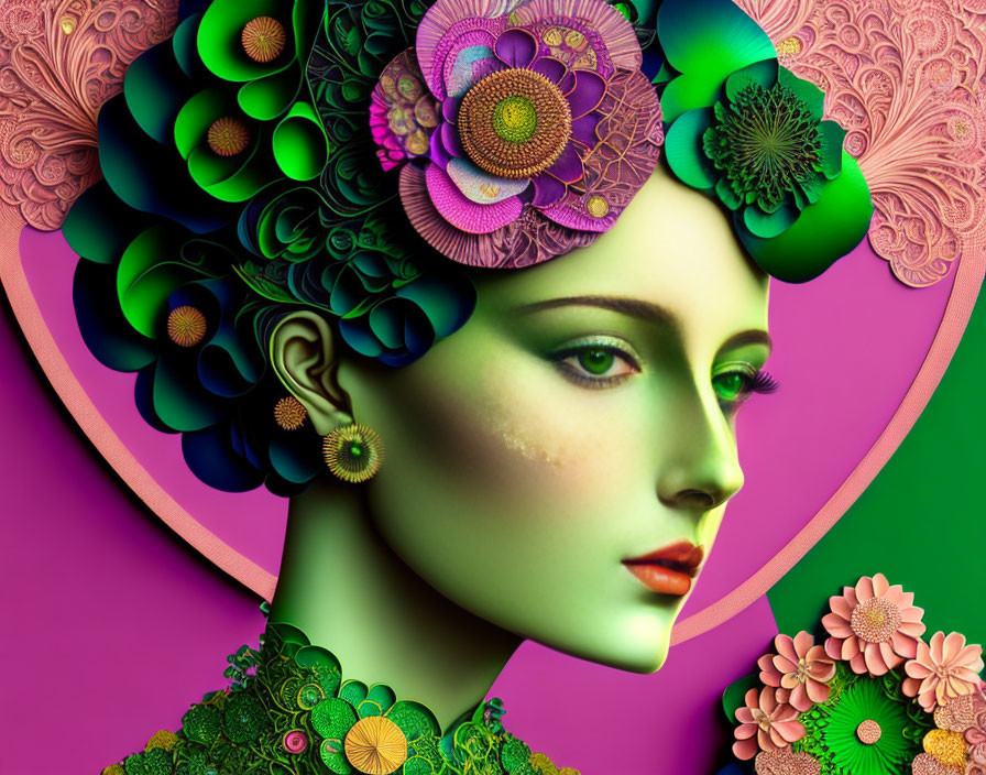 Colorful digital artwork: Woman with floral patterns on hair and clothing