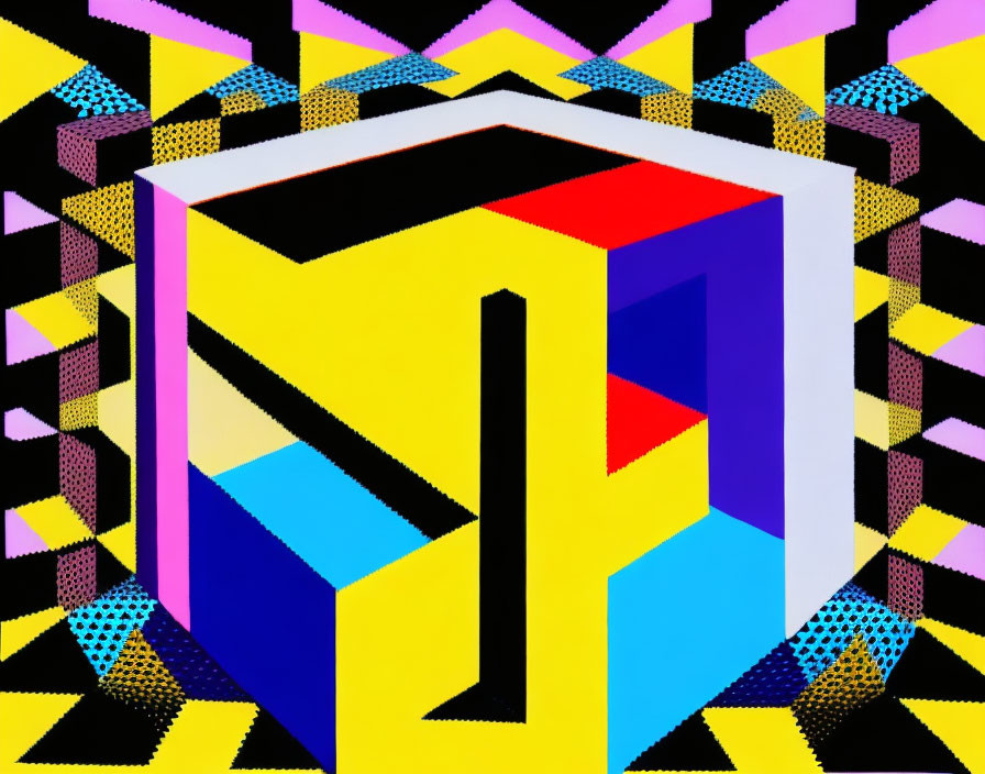 Colorful Abstract Art: Central 3D Cube Surrounded by Geometric Shapes