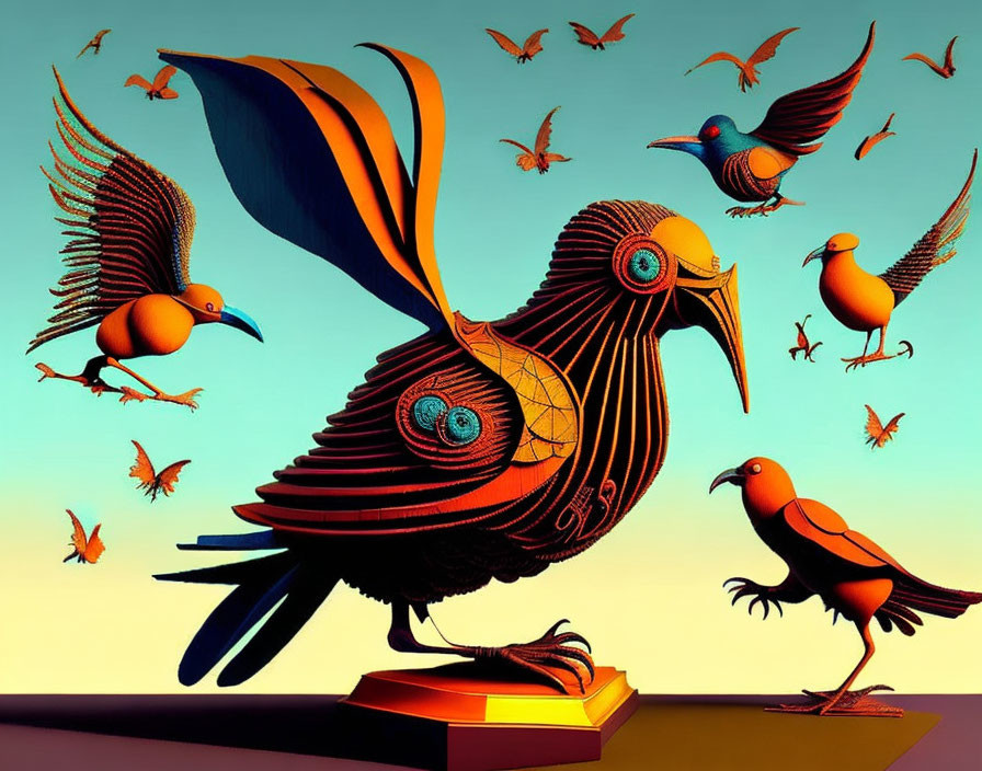 Colorful Stylized Bird Artwork on Gradient Background